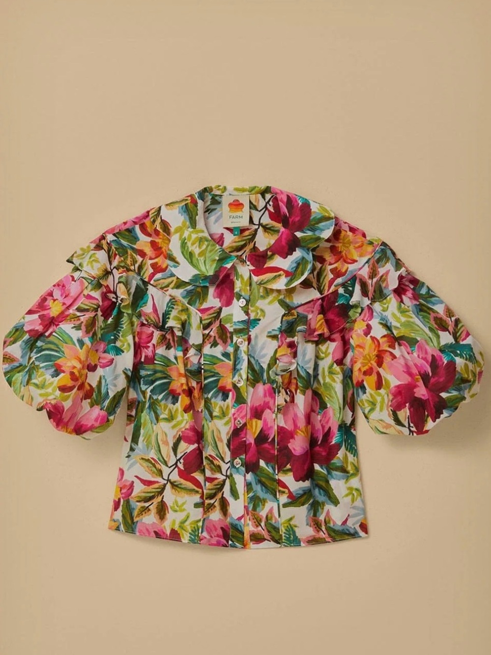 FARM Rio Floral Puff-Sleeve Blouse in Pink, Green, Yellow